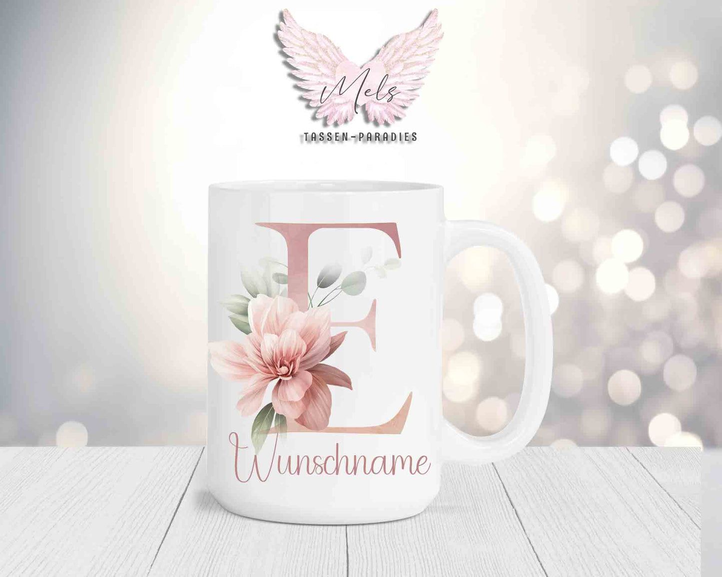 Blumen-Alphabet mit Name - Personalisierte 15oz Keramik-Tasse Weiß