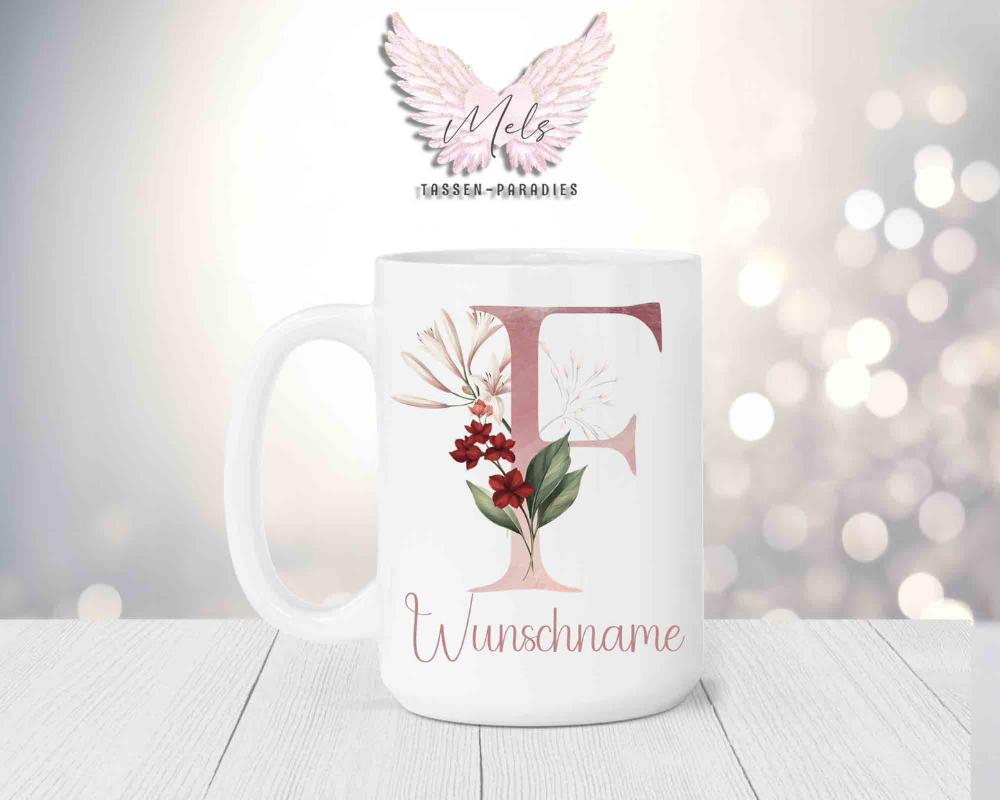 Blumen-Alphabet mit Name - Personalisierte 15oz Keramik-Tasse Weiß