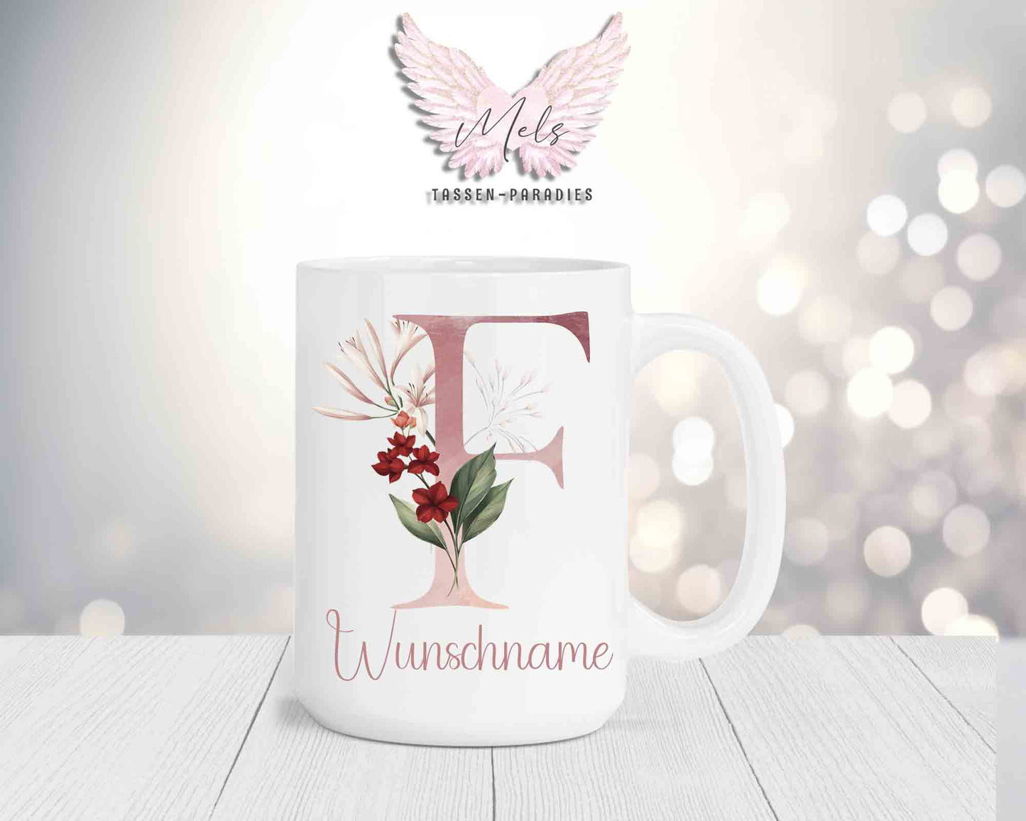 Blumen-Alphabet mit Name - Personalisierte 15oz Keramik-Tasse Weiß