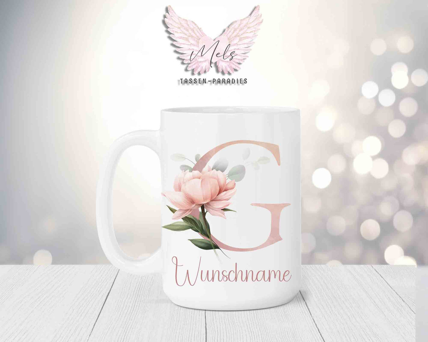 Blumen-Alphabet mit Name - Personalisierte 15oz Keramik-Tasse Weiß