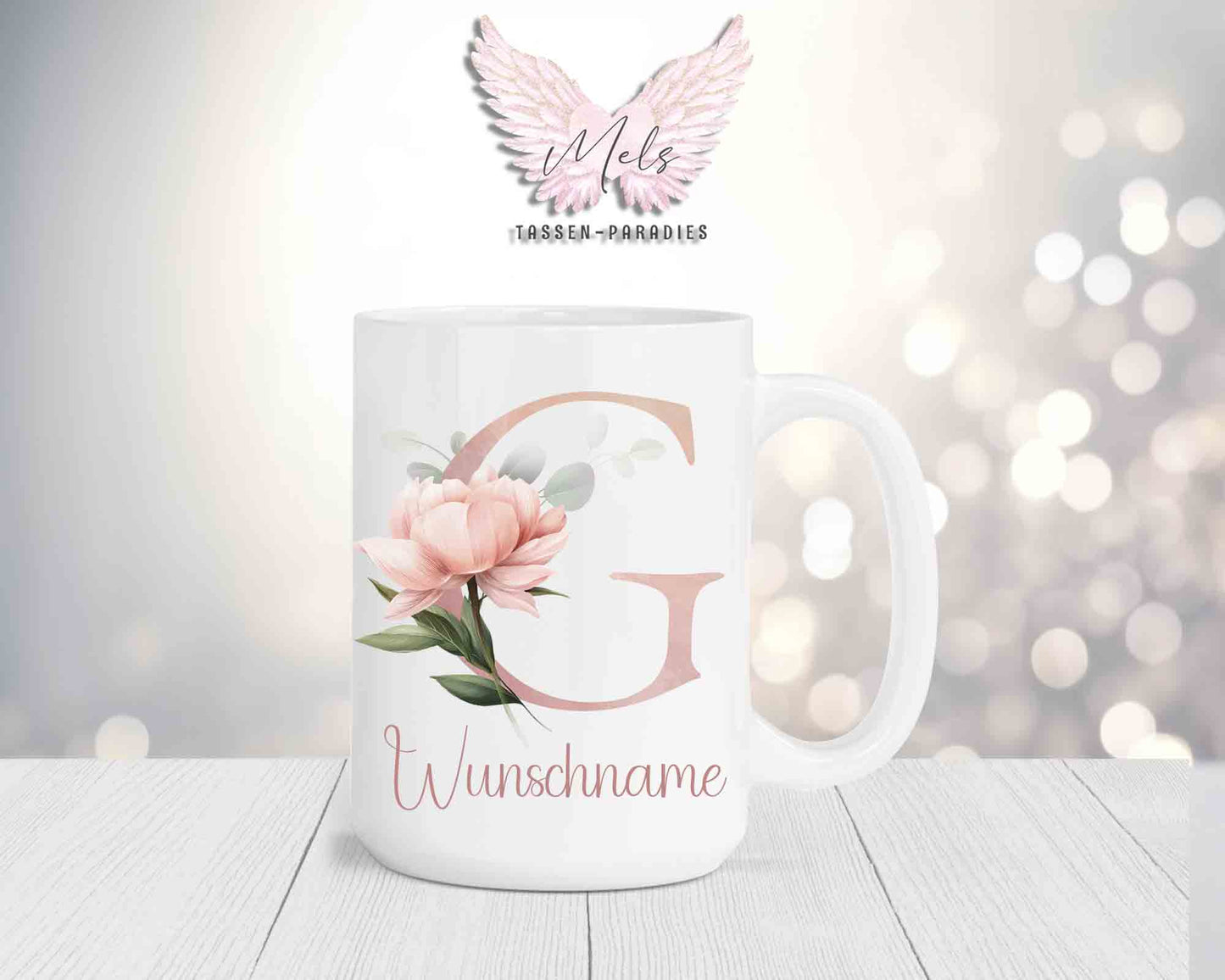 Blumen-Alphabet mit Name - Personalisierte 15oz Keramik-Tasse Weiß