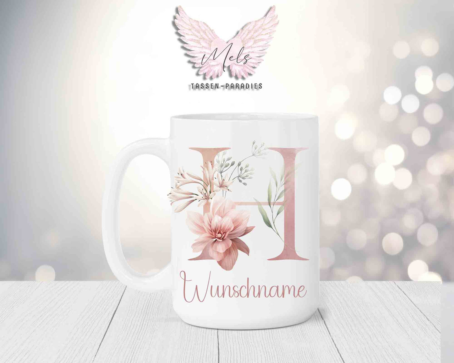 Blumen-Alphabet mit Name - Personalisierte 15oz Keramik-Tasse Weiß