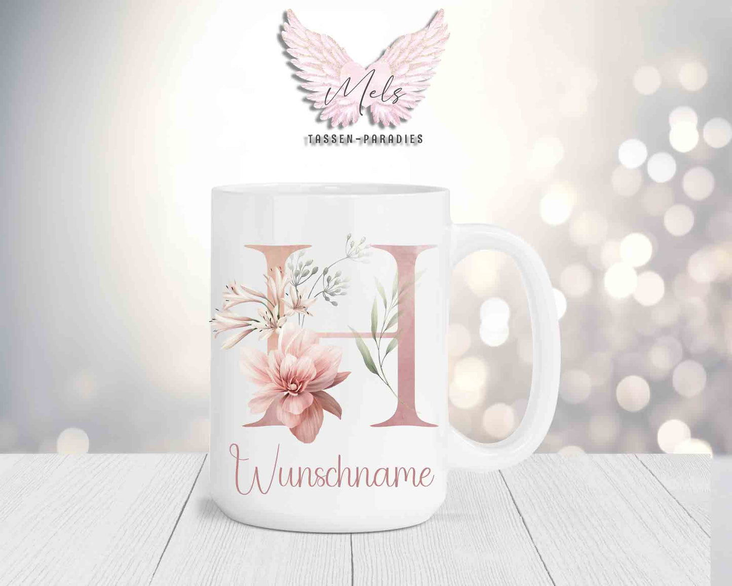 Blumen-Alphabet mit Name - Personalisierte 15oz Keramik-Tasse Weiß