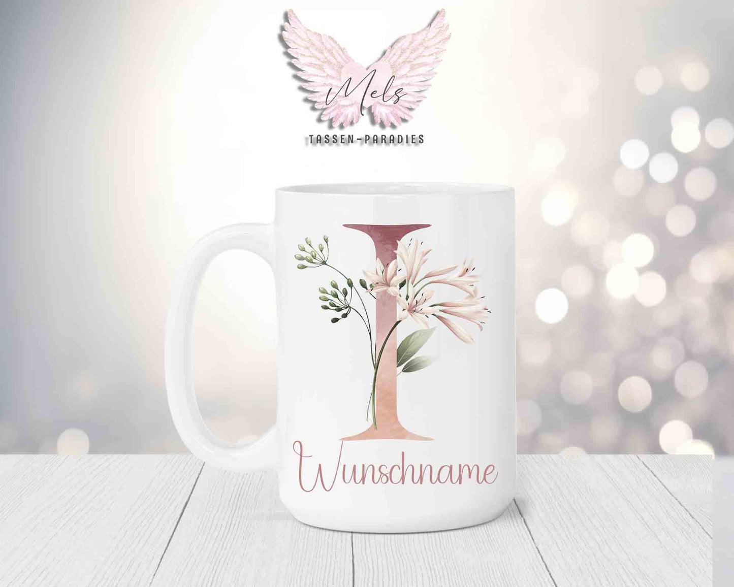 Blumen-Alphabet mit Name - Personalisierte 15oz Keramik-Tasse Weiß