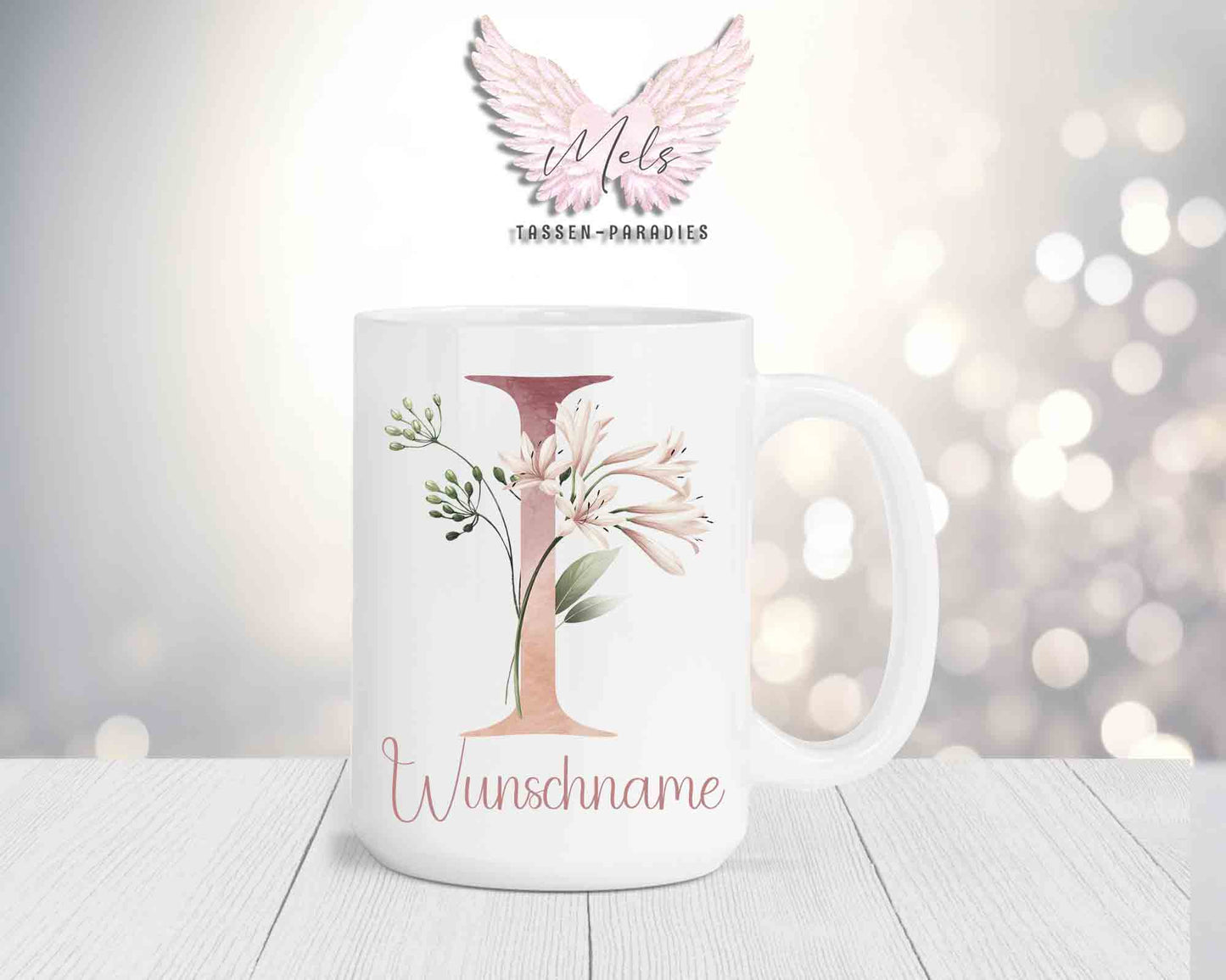 Blumen-Alphabet mit Name - Personalisierte 15oz Keramik-Tasse Weiß