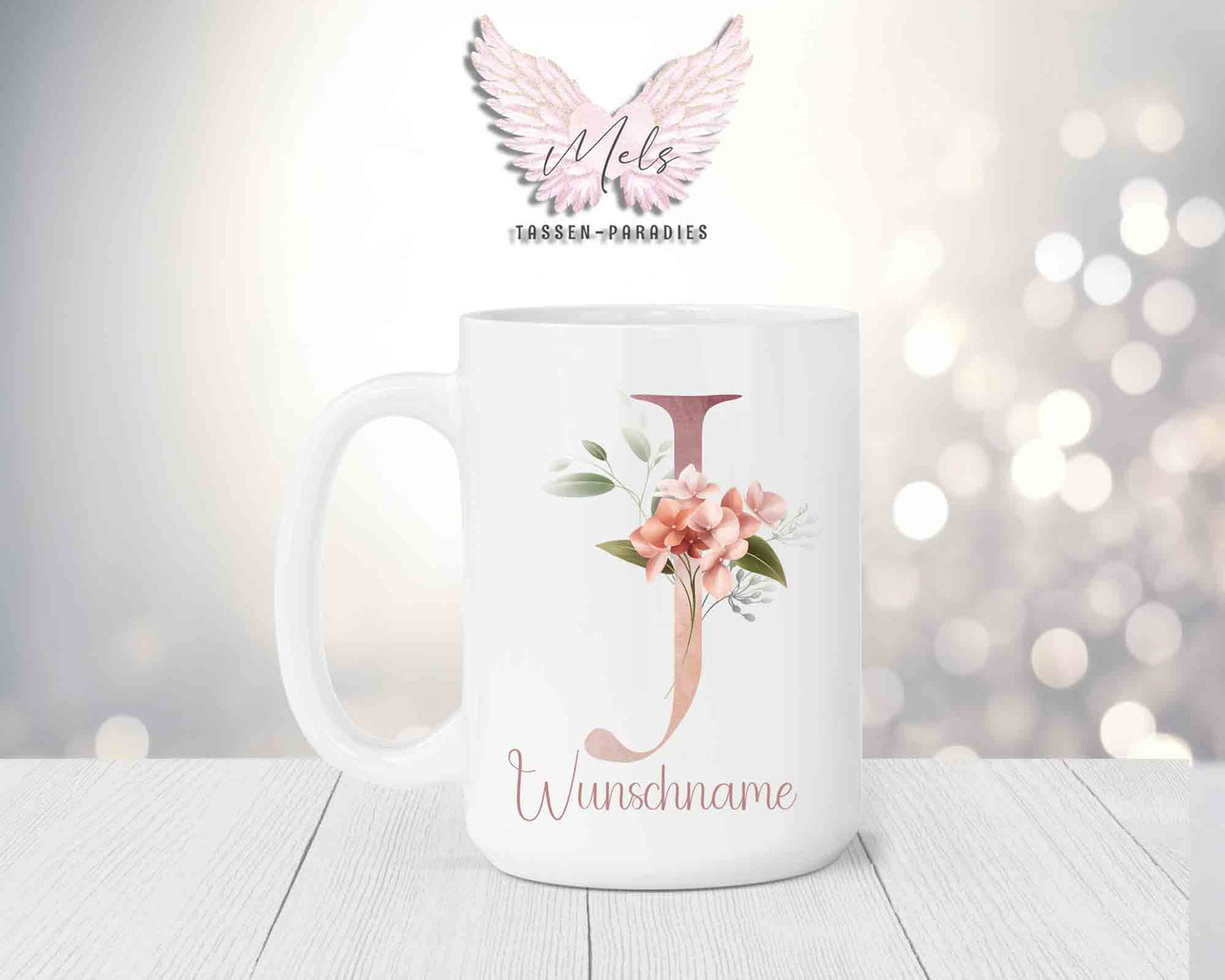 Blumen-Alphabet mit Name - Personalisierte 15oz Keramik-Tasse Weiß