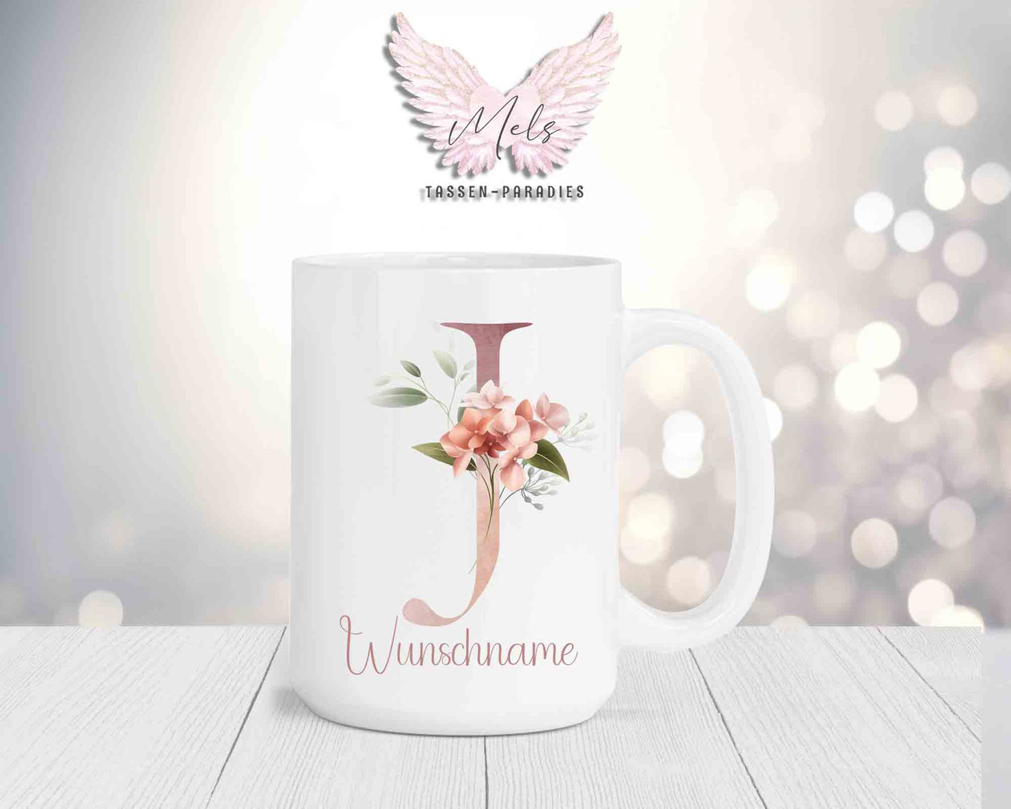 Blumen-Alphabet mit Name - Personalisierte 15oz Keramik-Tasse Weiß