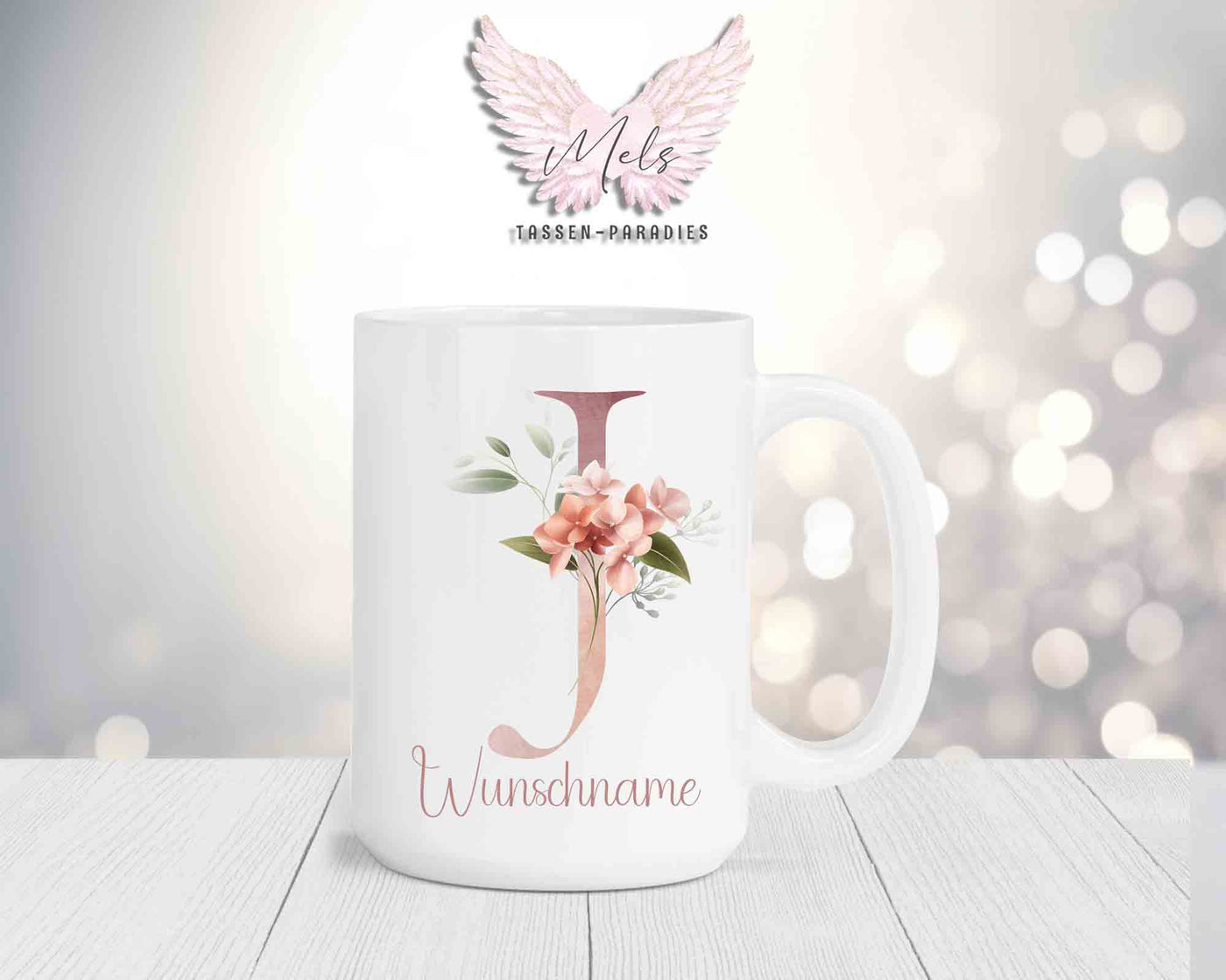 Blumen-Alphabet mit Name - Personalisierte 15oz Keramik-Tasse Weiß