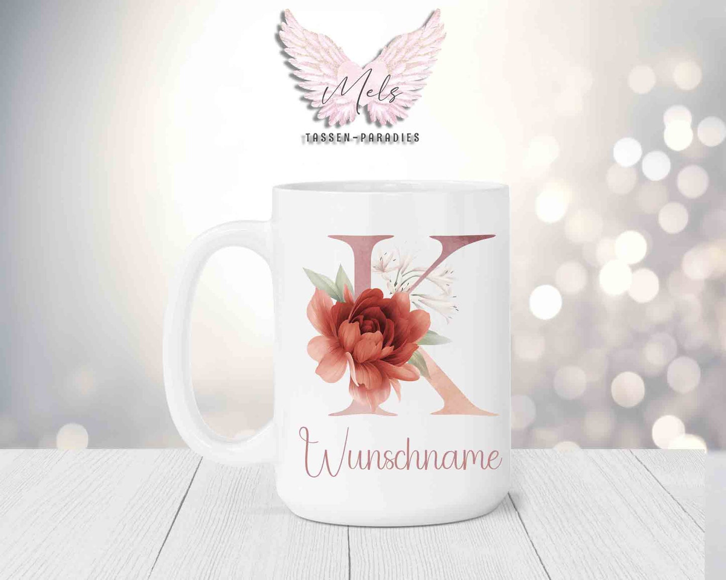 Blumen-Alphabet mit Name - Personalisierte 15oz Keramik-Tasse Weiß