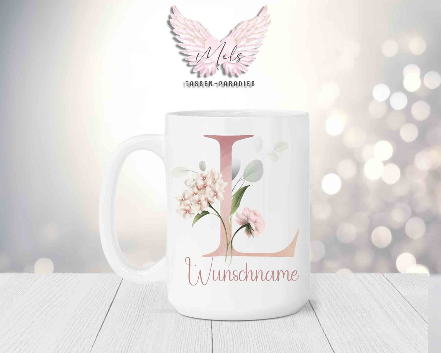 Blumen-Alphabet mit Name - Personalisierte 15oz Keramik-Tasse Weiß