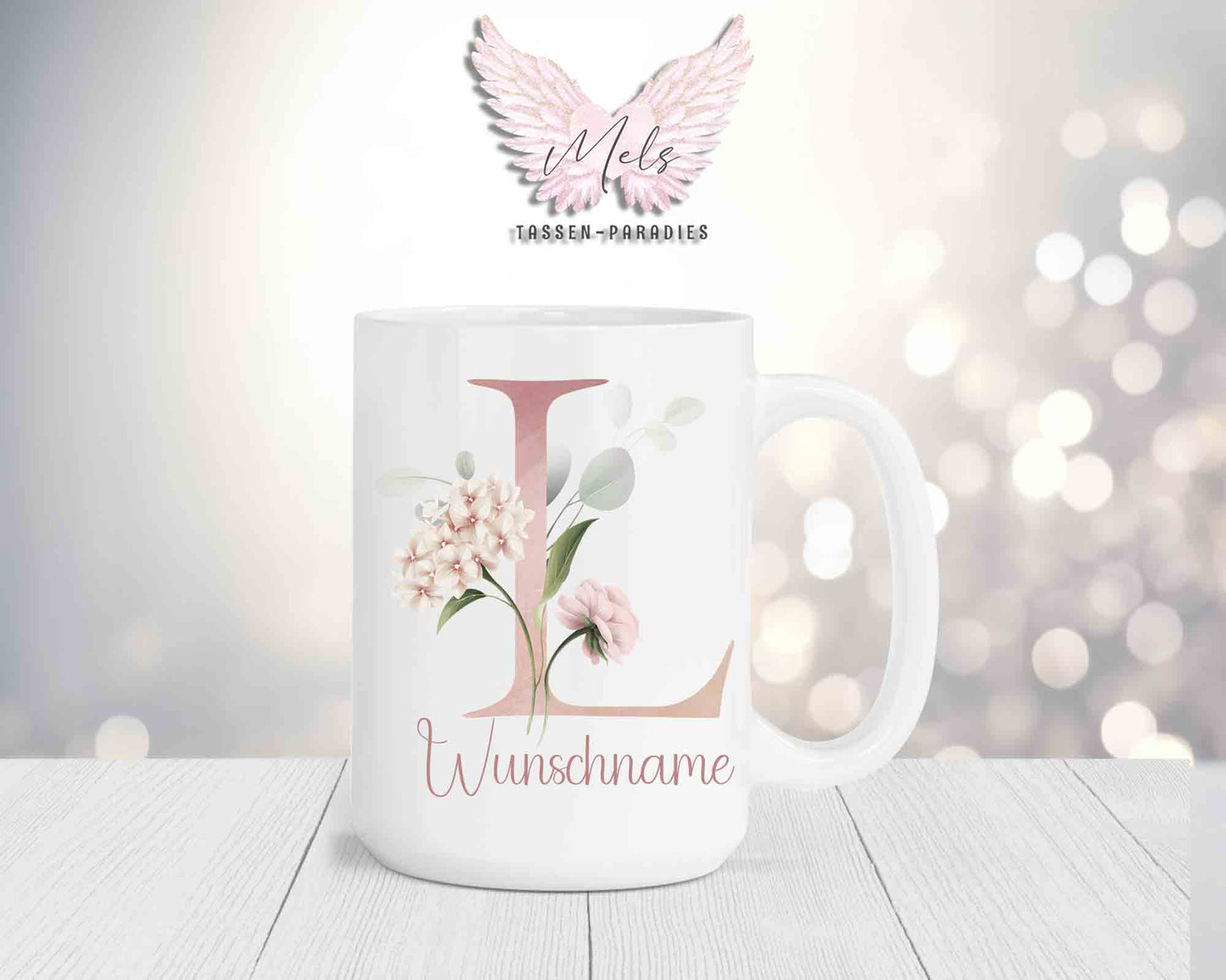 Blumen-Alphabet mit Name - Personalisierte 15oz Keramik-Tasse Weiß