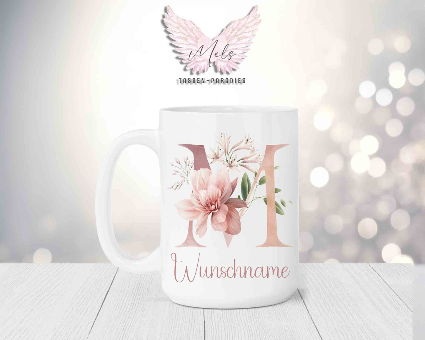 Blumen-Alphabet mit Name - Personalisierte 15oz Keramik-Tasse Weiß