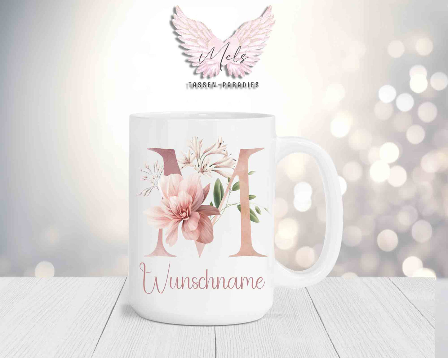 Blumen-Alphabet mit Name - Personalisierte 15oz Keramik-Tasse Weiß