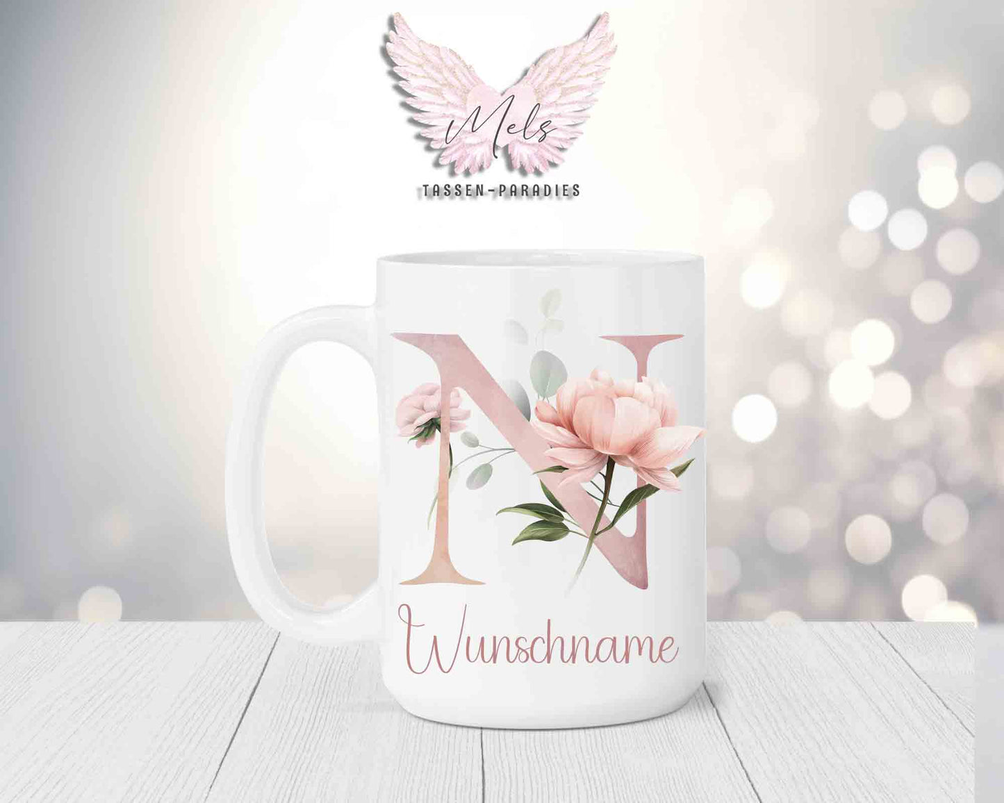 Blumen-Alphabet mit Name - Personalisierte 15oz Keramik-Tasse Weiß