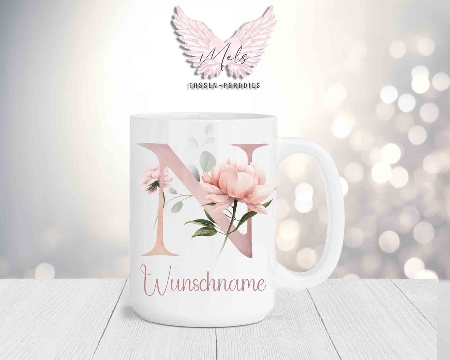 Blumen-Alphabet mit Name - Personalisierte 15oz Keramik-Tasse Weiß