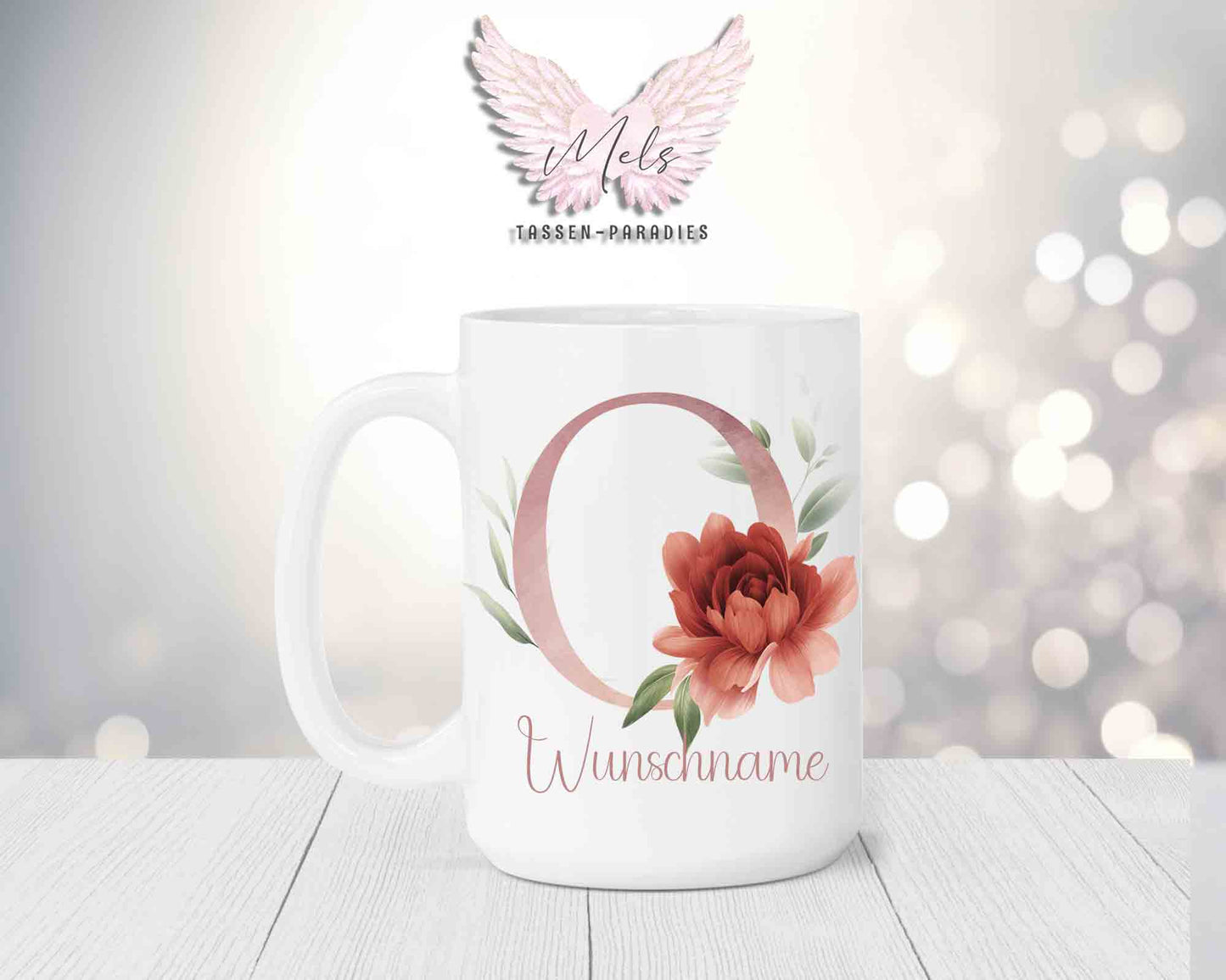 Blumen-Alphabet mit Name - Personalisierte 15oz Keramik-Tasse Weiß