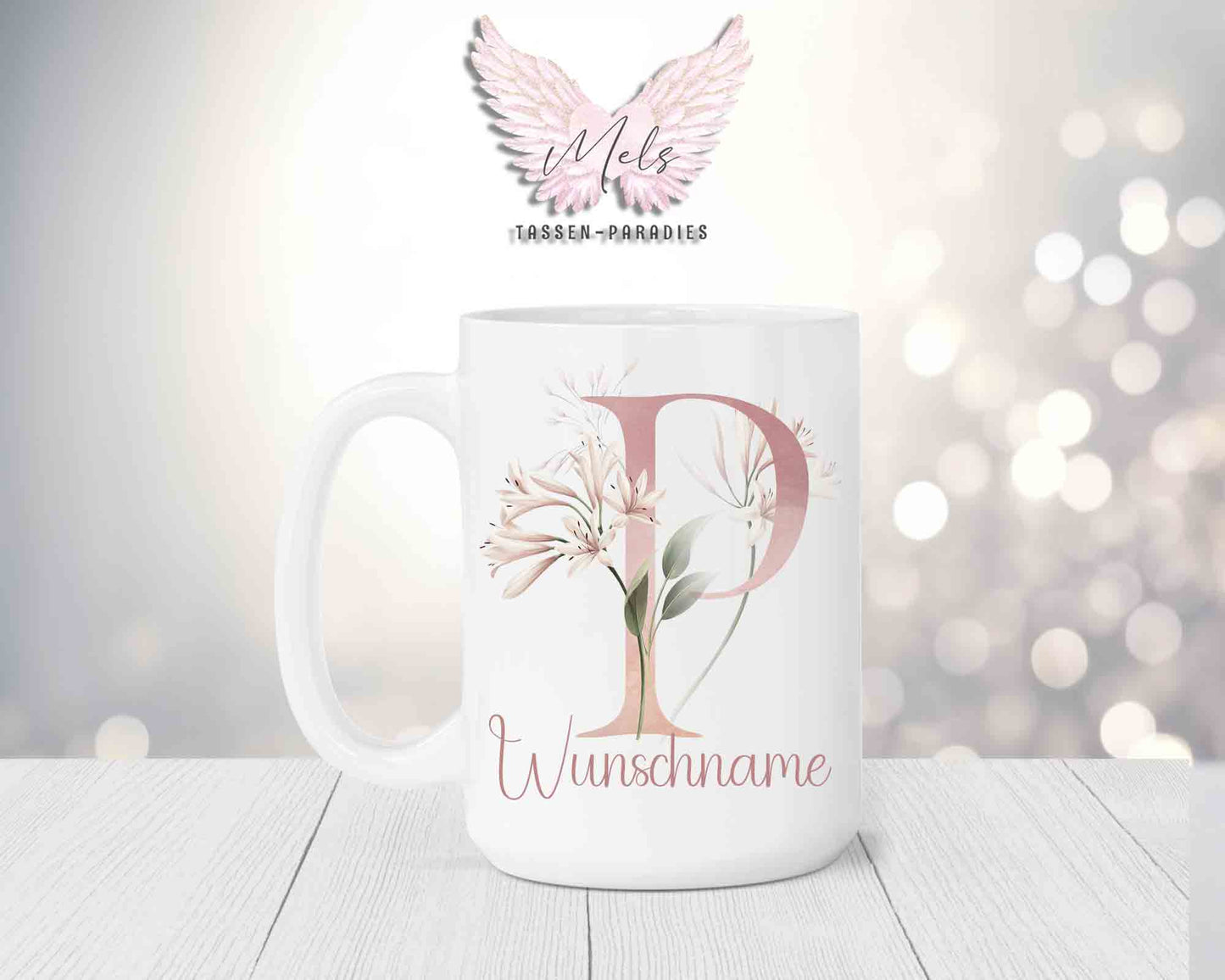 Blumen-Alphabet mit Name - Personalisierte 15oz Keramik-Tasse Weiß