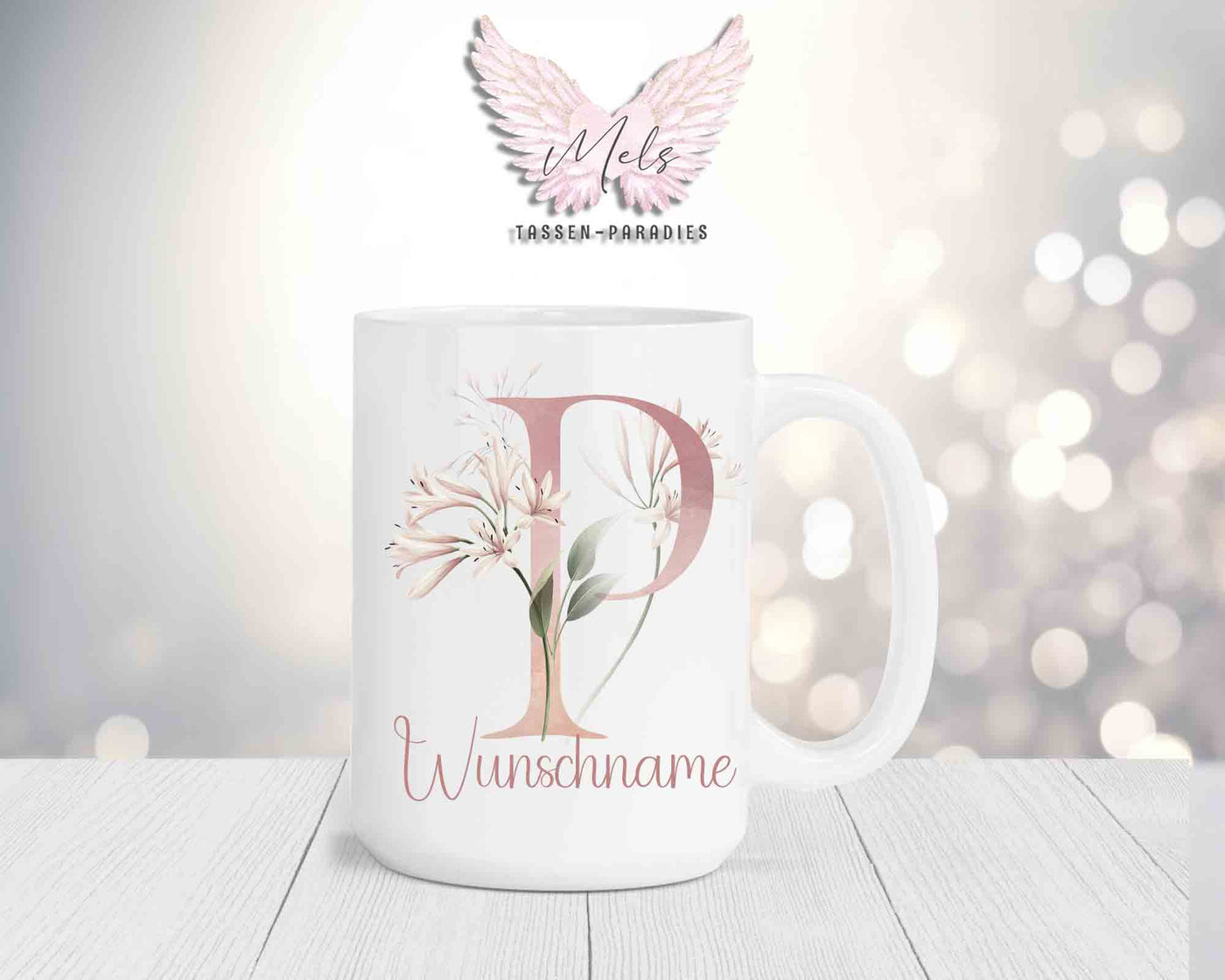 Blumen-Alphabet mit Name - Personalisierte 15oz Keramik-Tasse Weiß