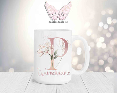 Blumen-Alphabet mit Name - Personalisierte 15oz Keramik-Tasse Weiß