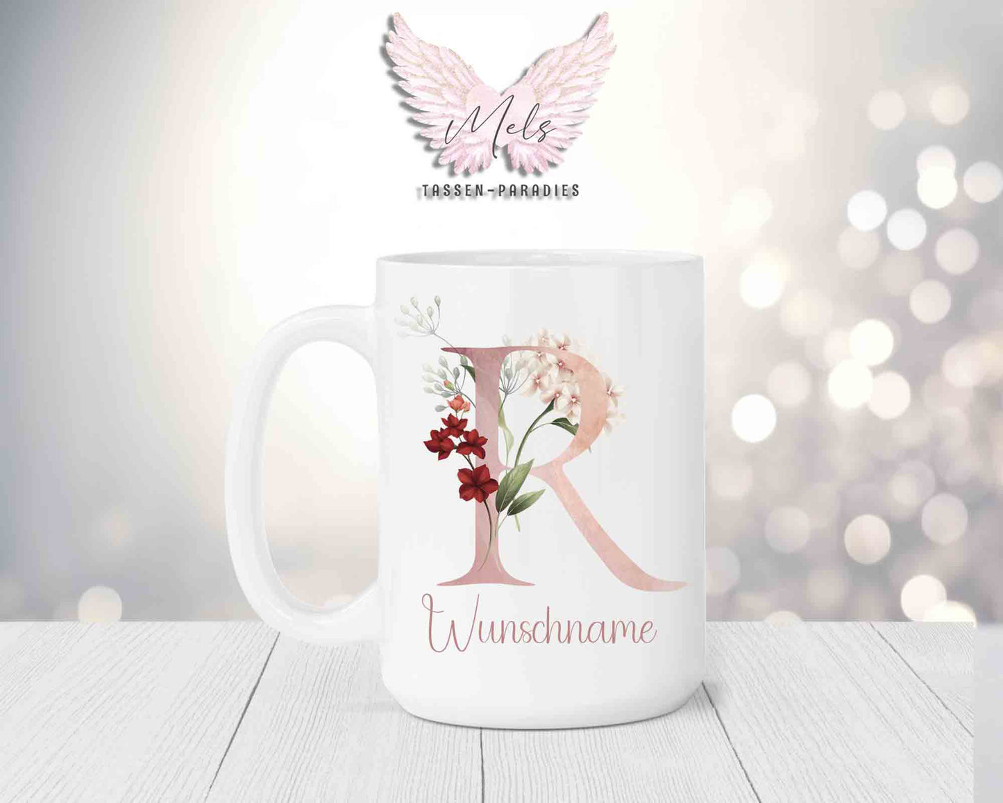 Blumen-Alphabet mit Name - Personalisierte 15oz Keramik-Tasse Weiß