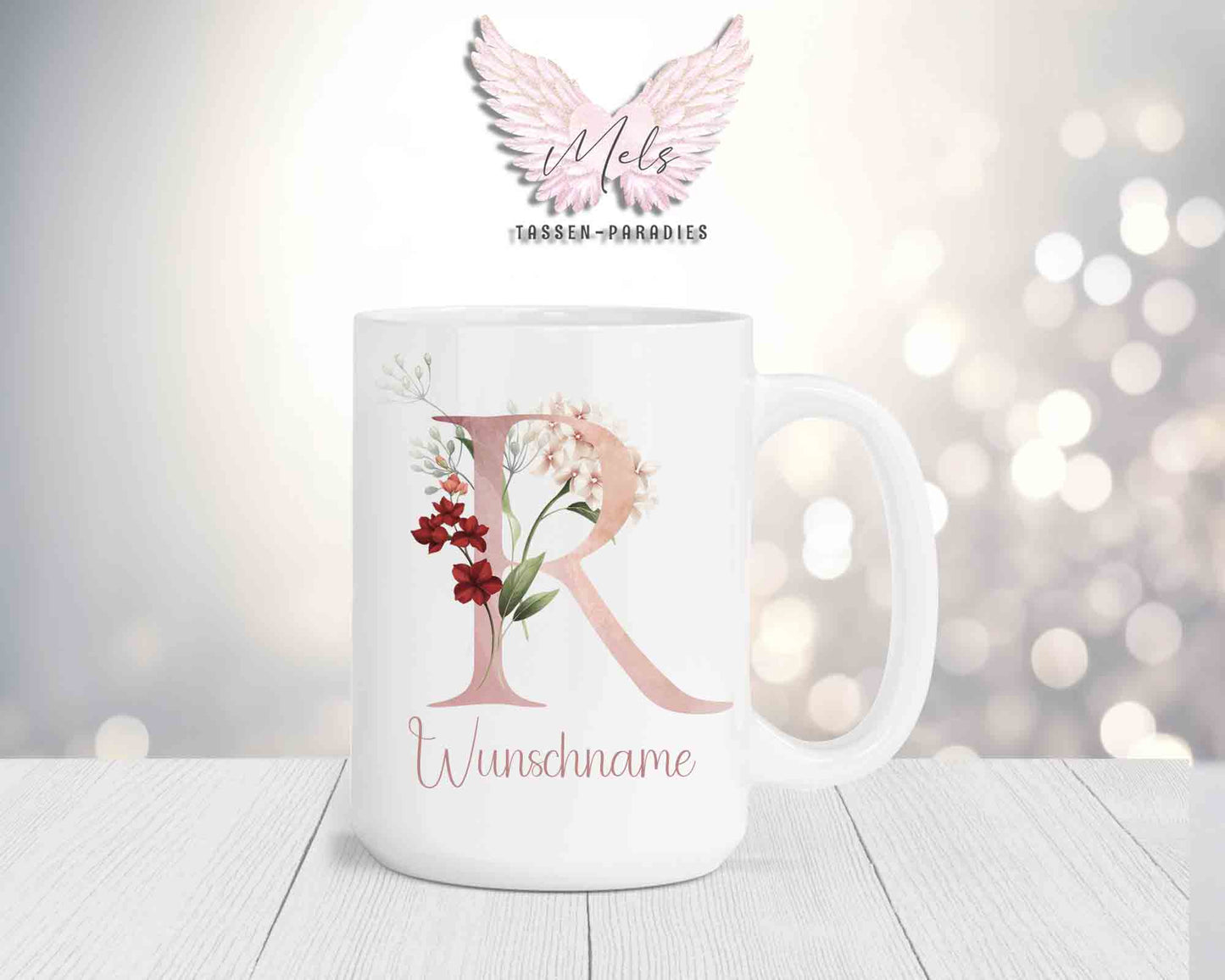 Blumen-Alphabet mit Name - Personalisierte 15oz Keramik-Tasse Weiß