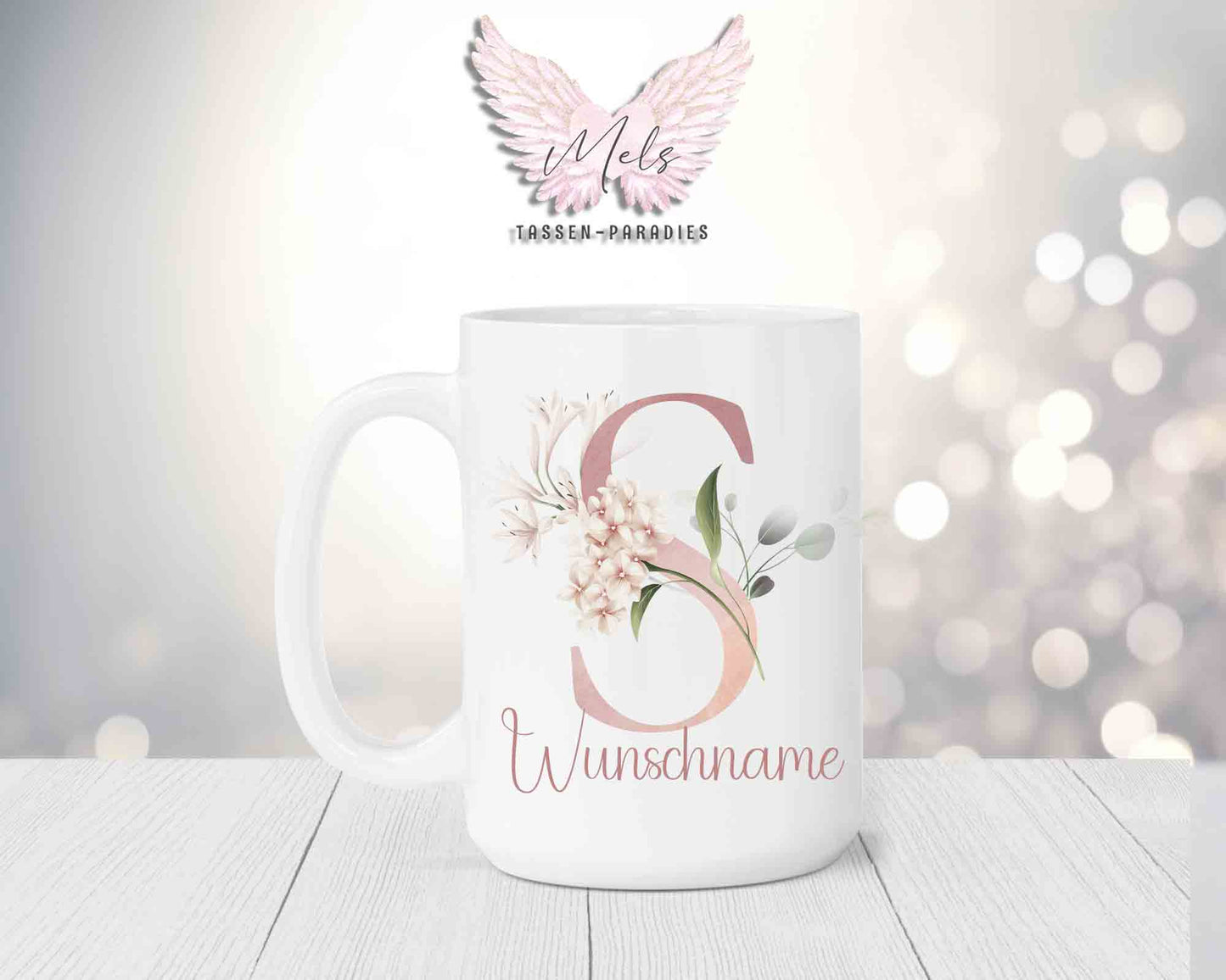 Blumen-Alphabet mit Name - Personalisierte 15oz Keramik-Tasse Weiß