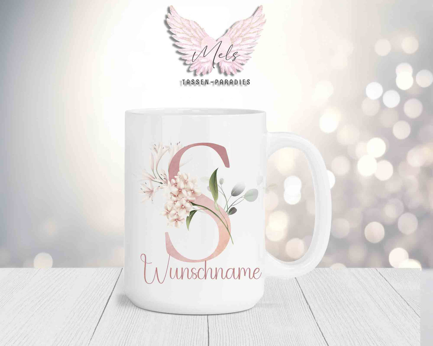 Blumen-Alphabet mit Name - Personalisierte 15oz Keramik-Tasse Weiß