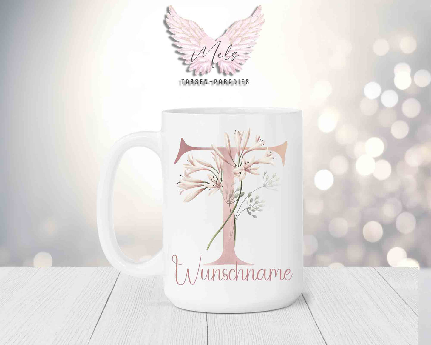 Blumen-Alphabet mit Name - Personalisierte 15oz Keramik-Tasse Weiß