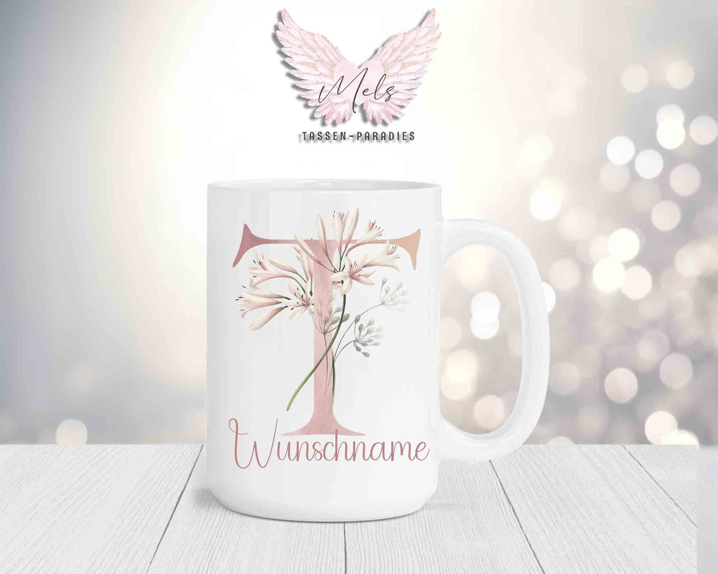 Blumen-Alphabet mit Name - Personalisierte 15oz Keramik-Tasse Weiß