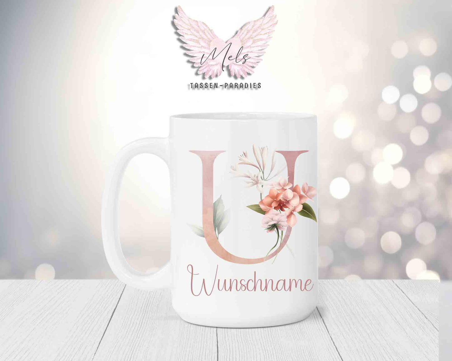 Blumen-Alphabet mit Name - Personalisierte 15oz Keramik-Tasse Weiß