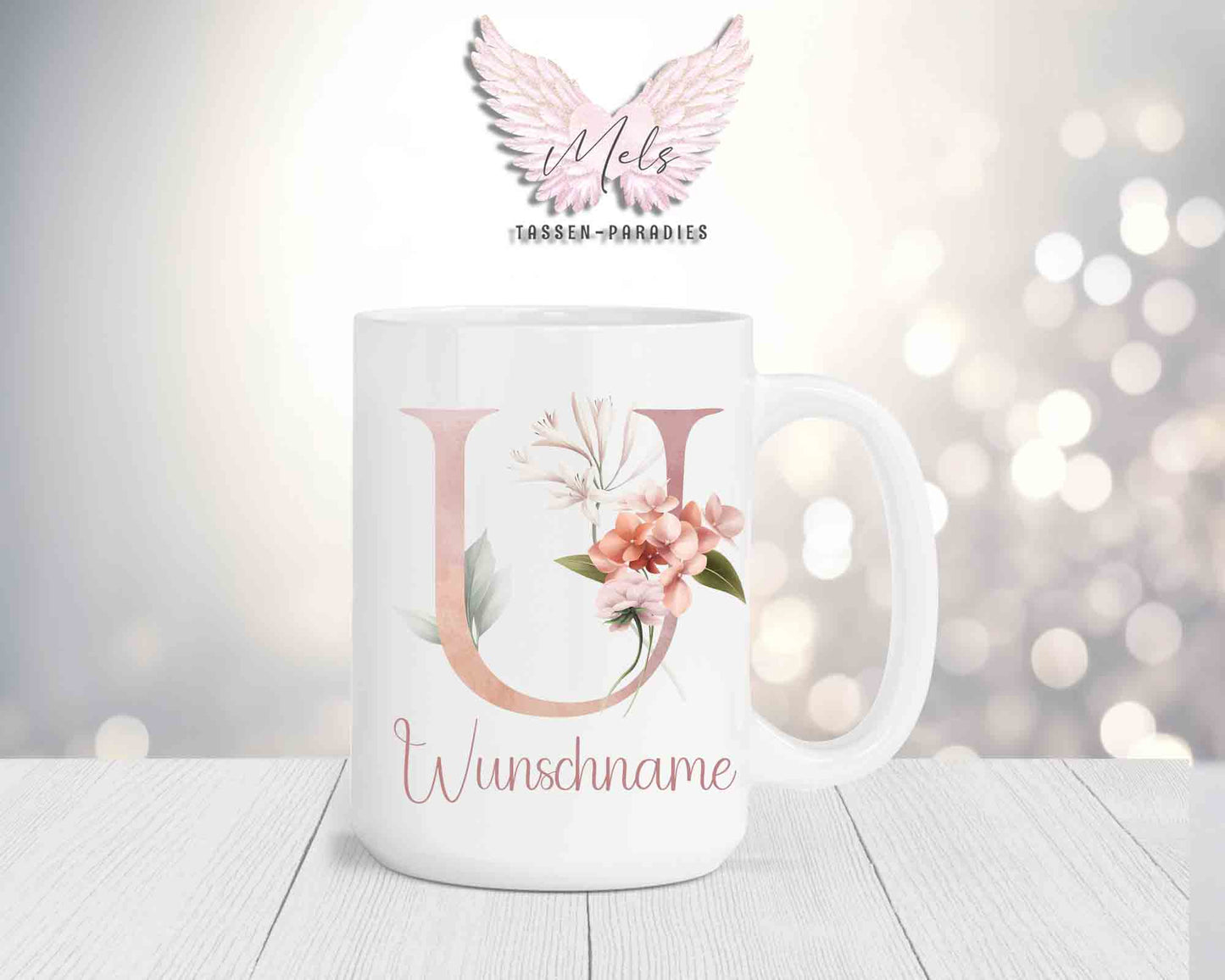 Blumen-Alphabet mit Name - Personalisierte 15oz Keramik-Tasse Weiß