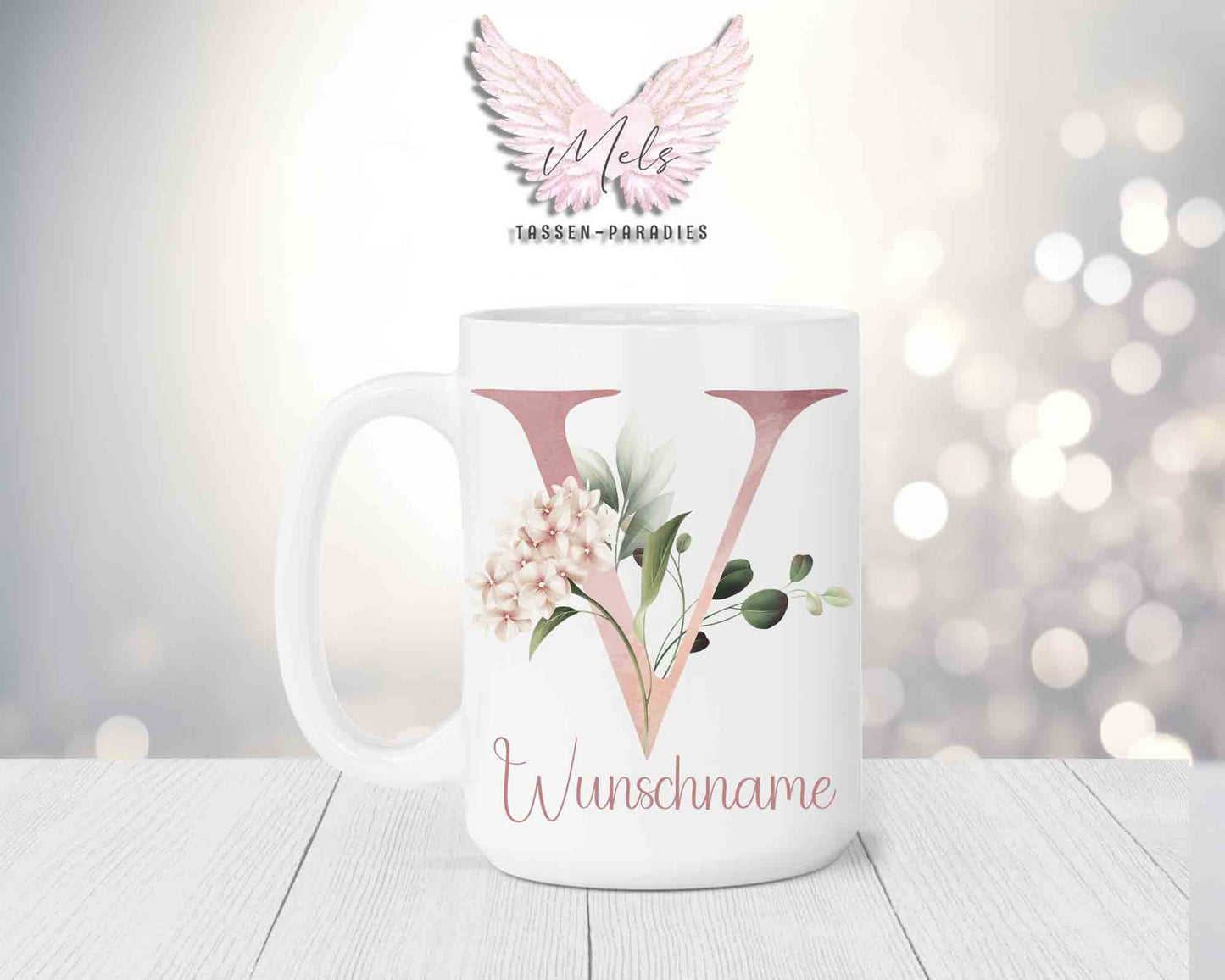 Blumen-Alphabet mit Name - Personalisierte 15oz Keramik-Tasse Weiß