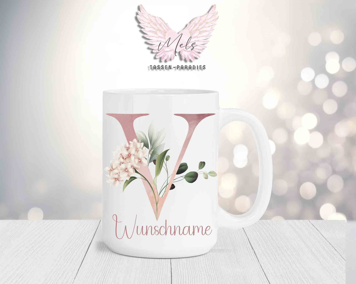 Blumen-Alphabet mit Name - Personalisierte 15oz Keramik-Tasse Weiß