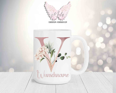 Blumen-Alphabet mit Name - Personalisierte 15oz Keramik-Tasse Weiß