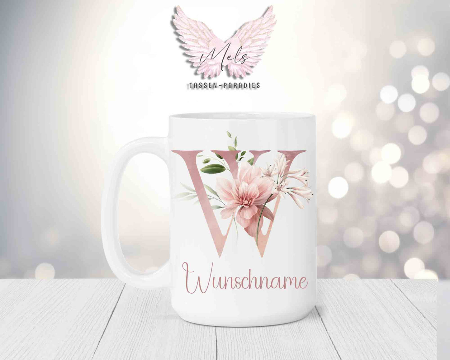 Blumen-Alphabet mit Name - Personalisierte 15oz Keramik-Tasse Weiß