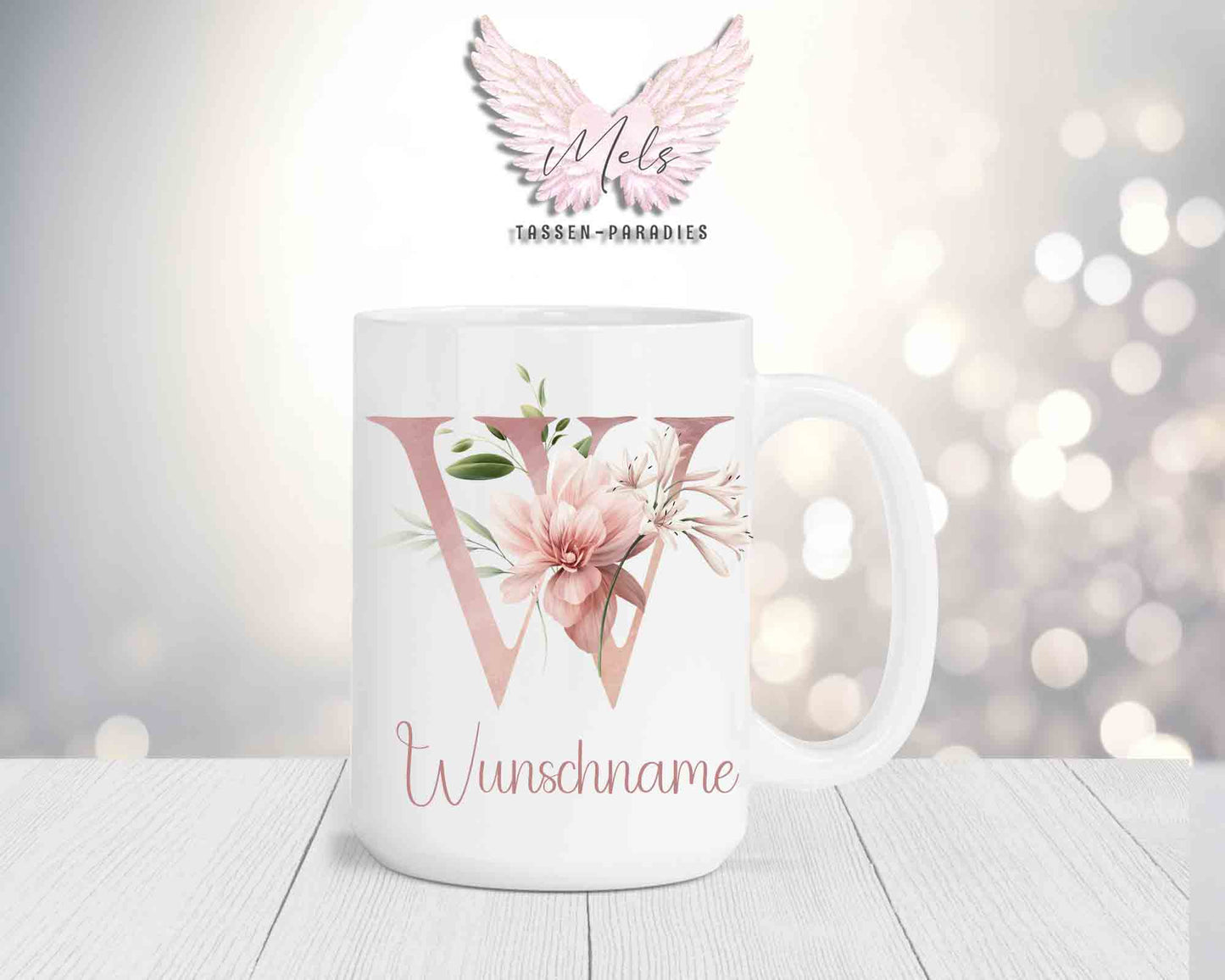 Blumen-Alphabet mit Name - Personalisierte 15oz Keramik-Tasse Weiß