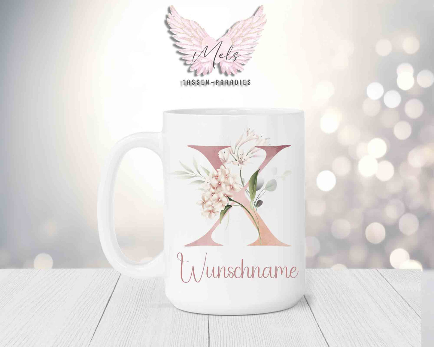 Blumen-Alphabet mit Name - Personalisierte 15oz Keramik-Tasse Weiß