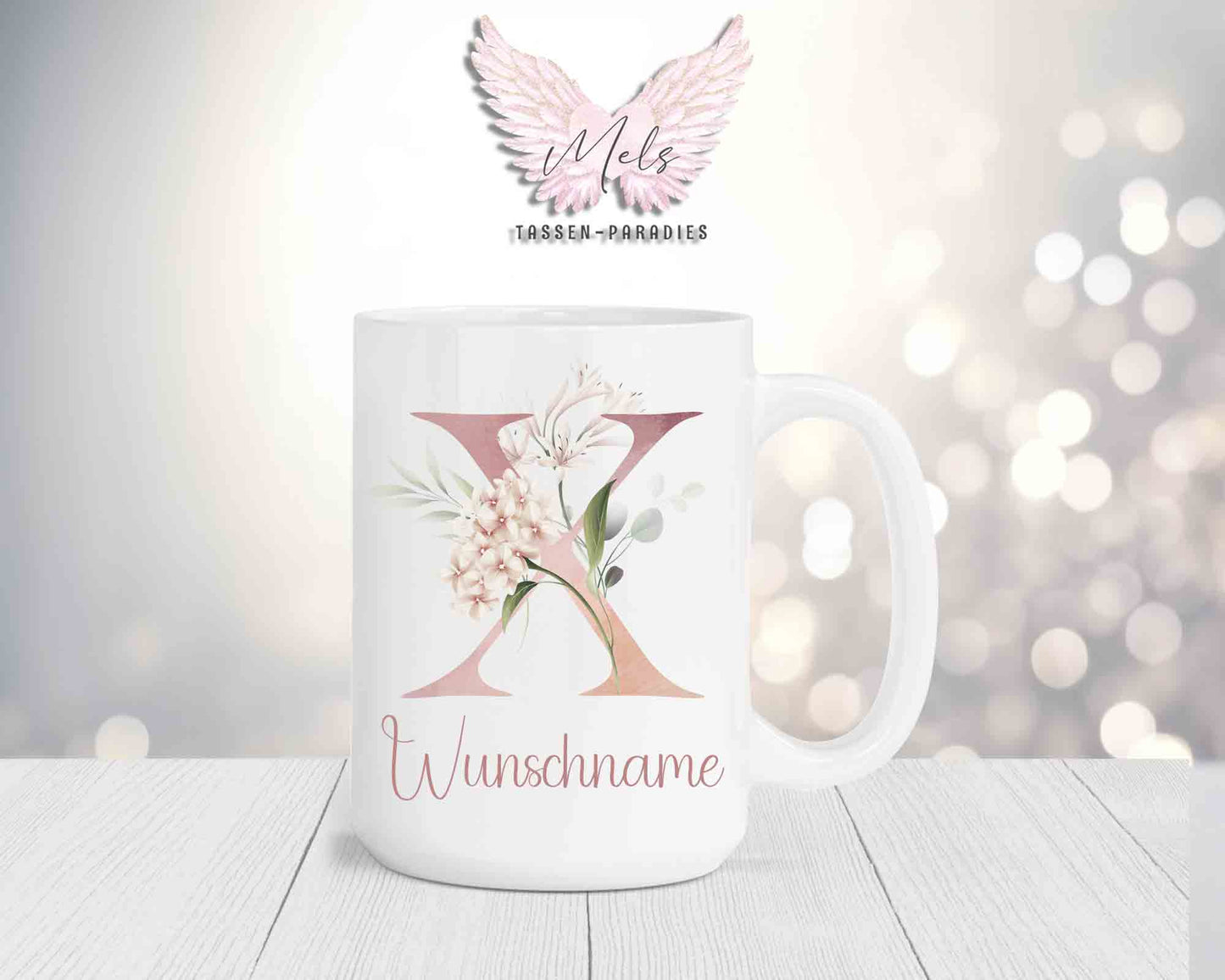 Blumen-Alphabet mit Name - Personalisierte 15oz Keramik-Tasse Weiß