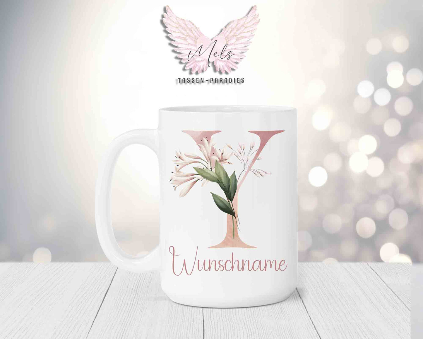 Blumen-Alphabet mit Name - Personalisierte 15oz Keramik-Tasse Weiß