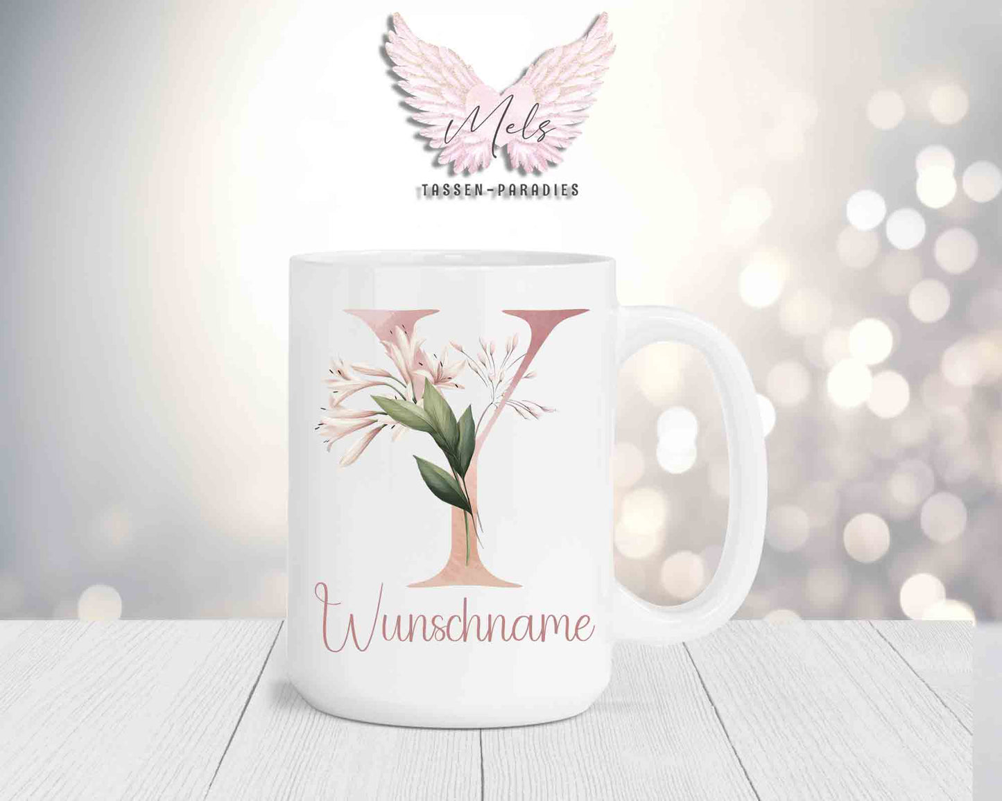 Blumen-Alphabet mit Name - Personalisierte 15oz Keramik-Tasse Weiß