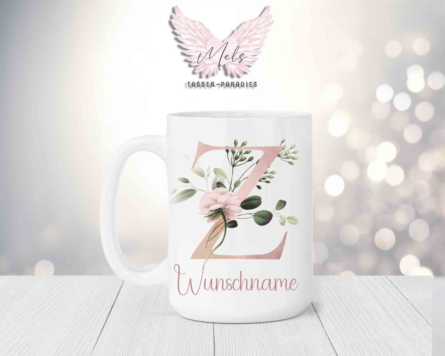 Blumen-Alphabet mit Name - Personalisierte 15oz Keramik-Tasse Weiß