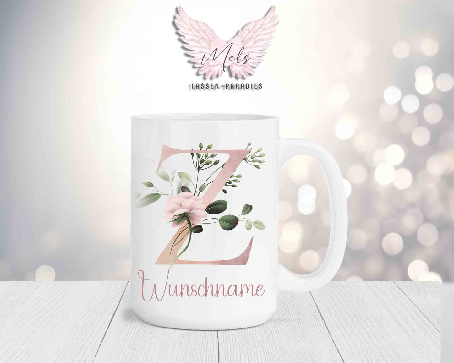 Blumen-Alphabet mit Name - Personalisierte 15oz Keramik-Tasse Weiß