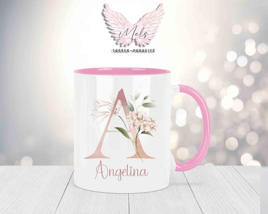 Blumen-Alphabet mit Name - Personalisierte Keramik-Tasse Rosa