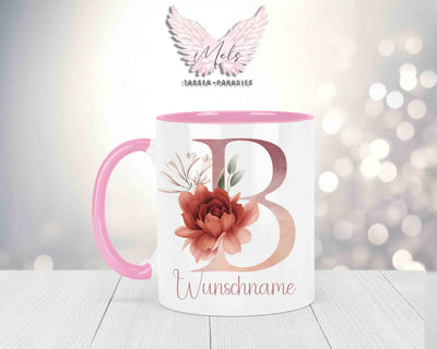 Blumen-Alphabet mit Name - Personalisierte Keramik-Tasse Rosa