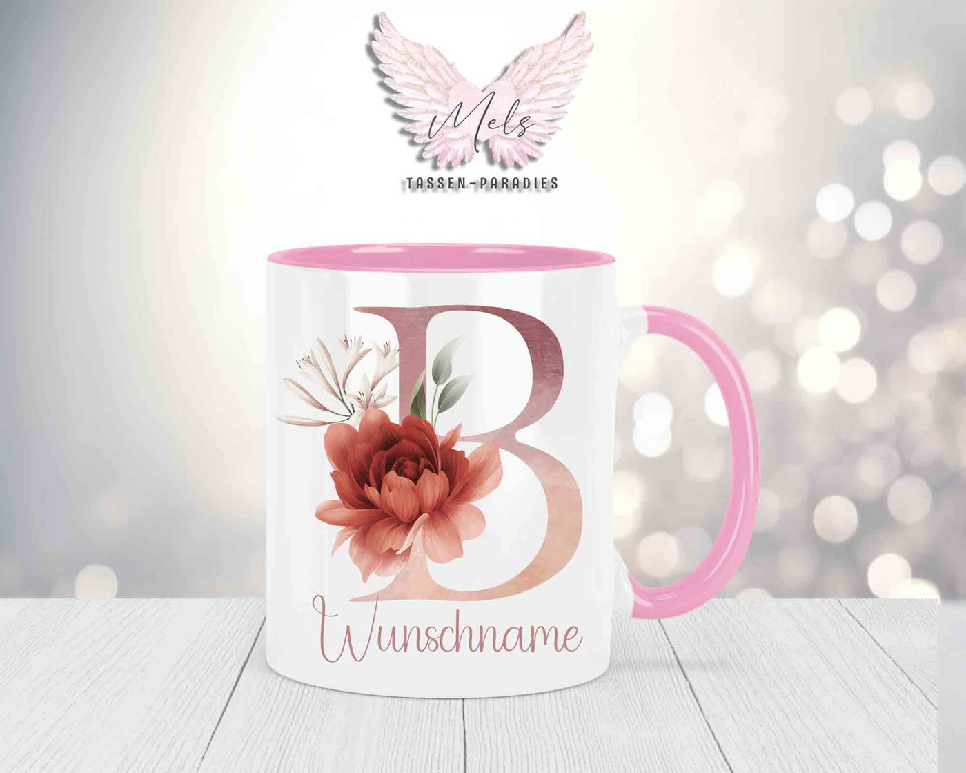 Blumen-Alphabet mit Name - Personalisierte Keramik-Tasse Rosa