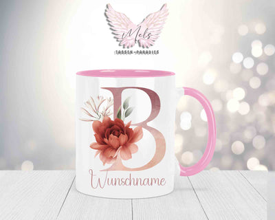 Blumen-Alphabet mit Name - Personalisierte Keramik-Tasse Rosa