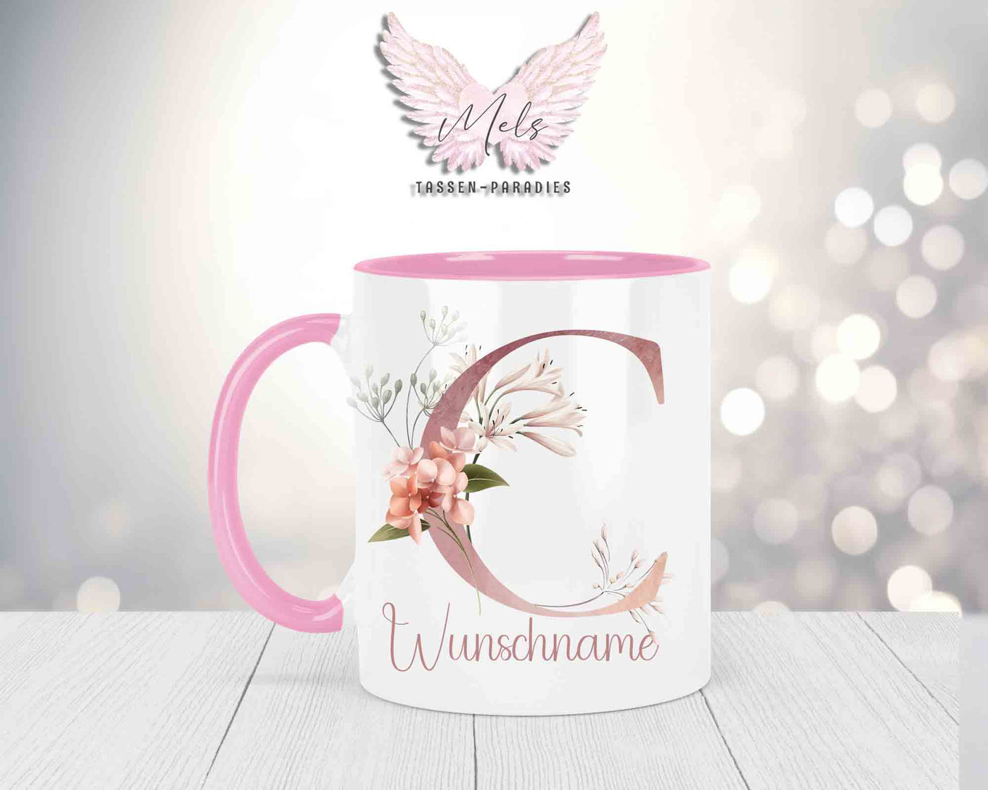 Blumen-Alphabet mit Name - Personalisierte Keramik-Tasse Rosa