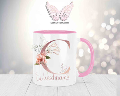 Blumen-Alphabet mit Name - Personalisierte Keramik-Tasse Rosa