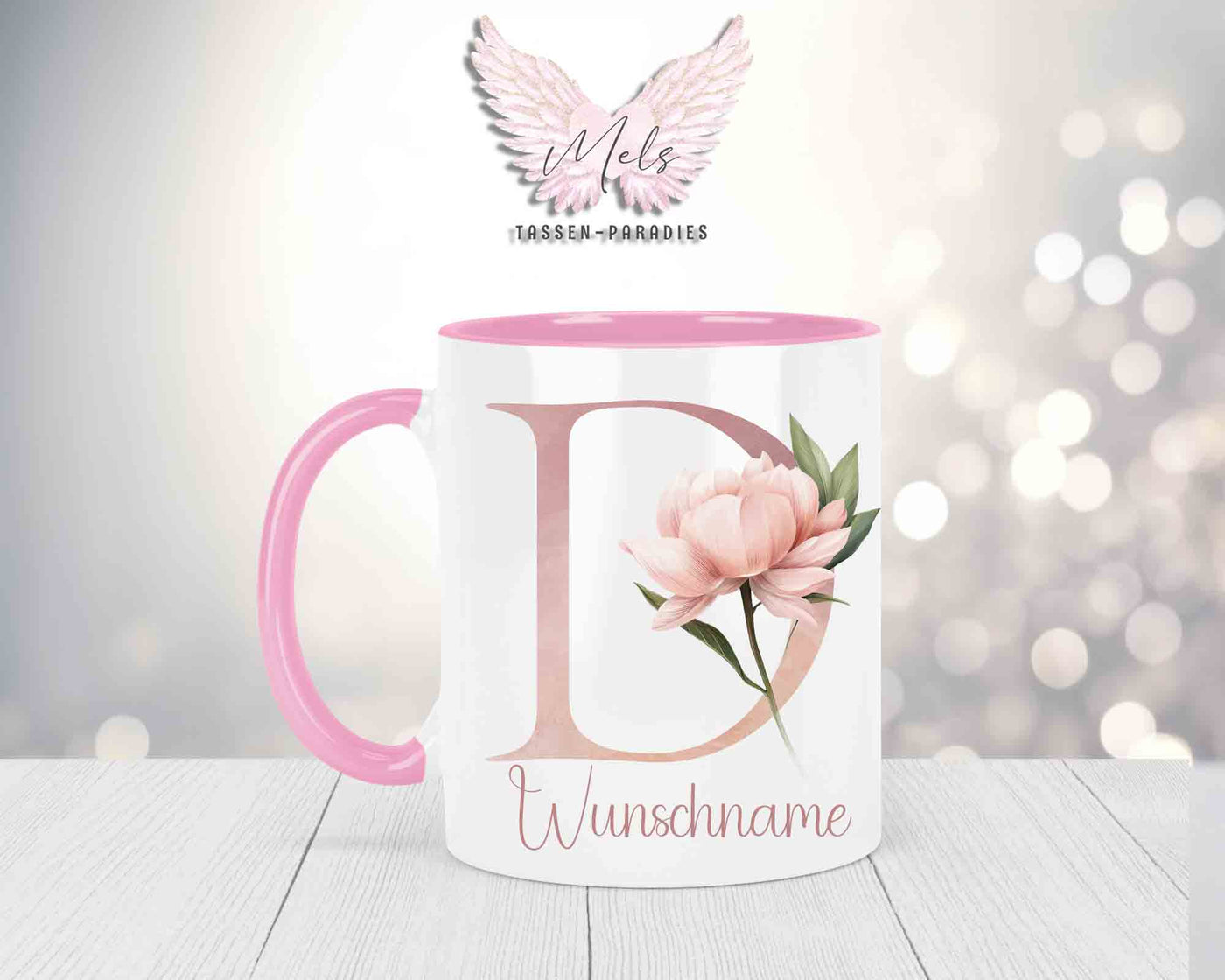Blumen-Alphabet mit Name - Personalisierte Keramik-Tasse Rosa