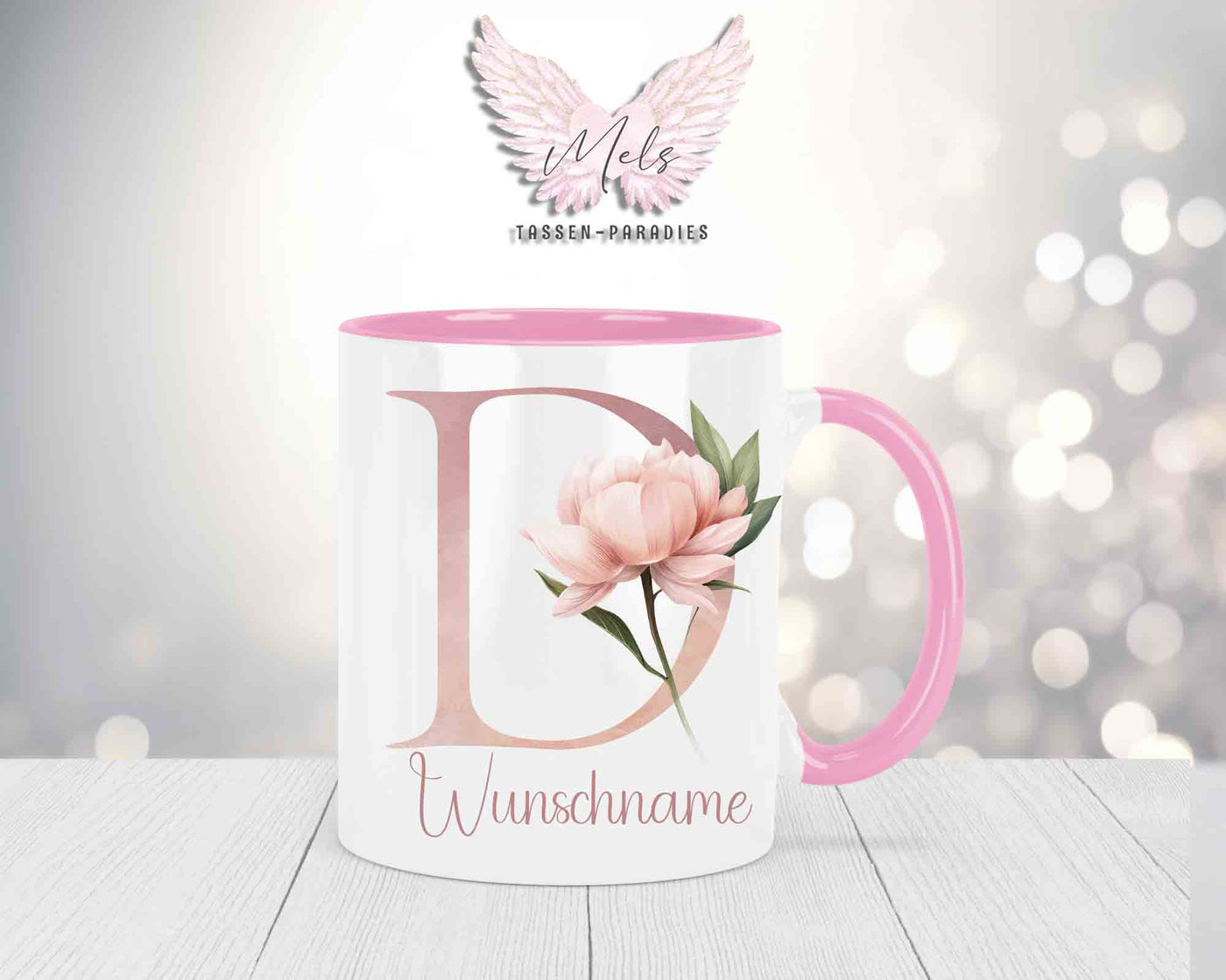 Blumen-Alphabet mit Name - Personalisierte Keramik-Tasse Rosa